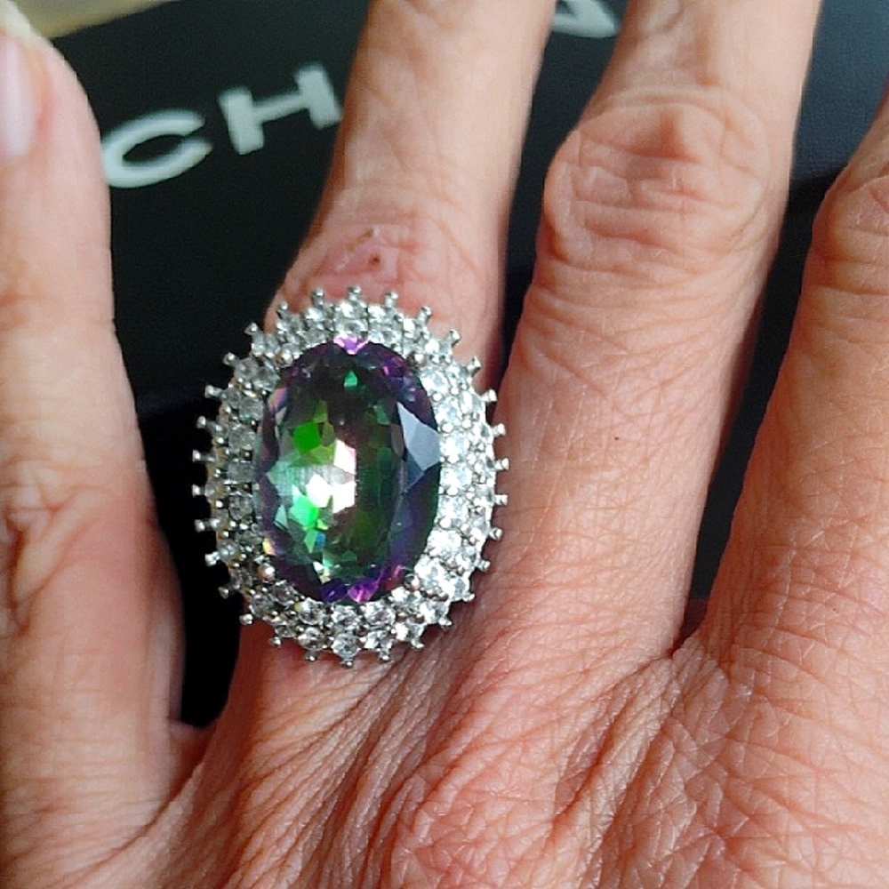 New!Elegant, large created mystic topaz,silver plated,gemstone ring!